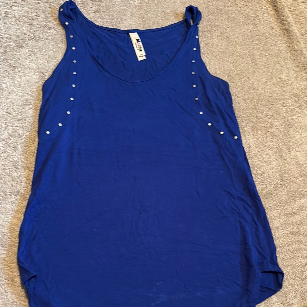 Embellished Blue Sleeveless Tank Top